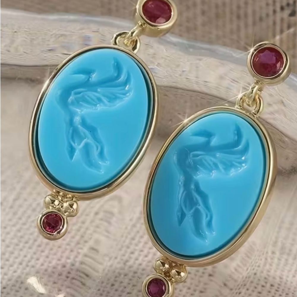 Elegant Gold and Teal Intaglio “ dove” earrings with gem Highlights - Picture 3 of 6